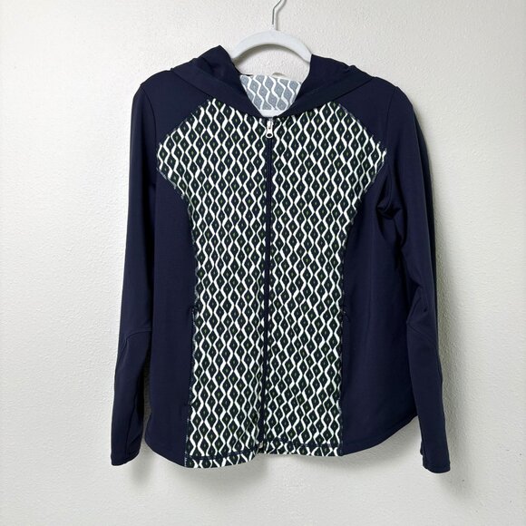 Chico's Jackets & Blazers - Chicos Zenergy Full Zip Hooded Jacket Size 2 US L Navy Green Geometric Print